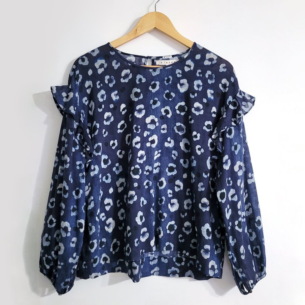 Xirena Luna Indigo Fleur Long Sleeve Top Size M Boat Neck Floral Peasant
